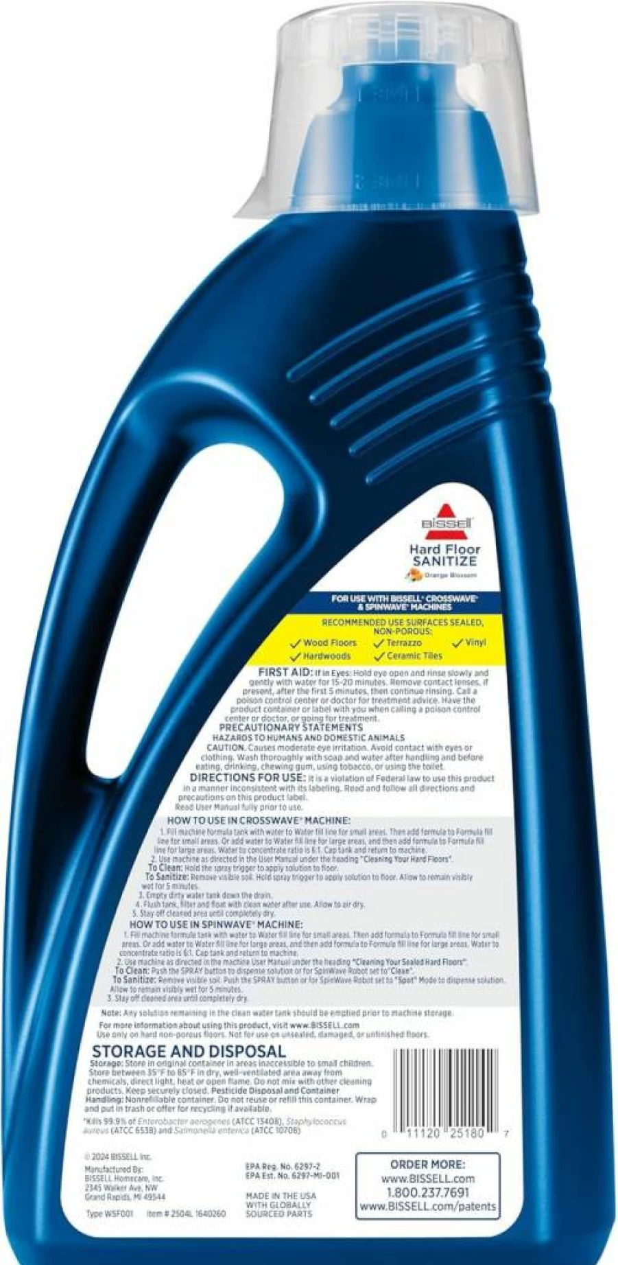 Bissell Hard Floor Cleaner Solution, 2504L, 80 Fl Oz, for Crosswave & Spinwave Mops, Orange Blossom Scent, Safe for Sealed Hard Floors