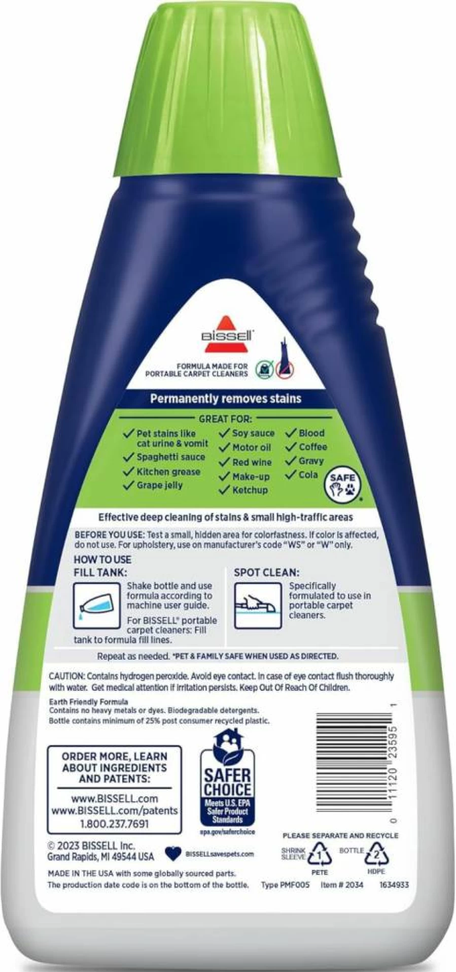 Bissell Little Green Pet Pro Oxy Formula Carpet Cleaner Solution – 60 Oz, Removes Stains & Odors, for Portable Carpet Cleaners, 2034F