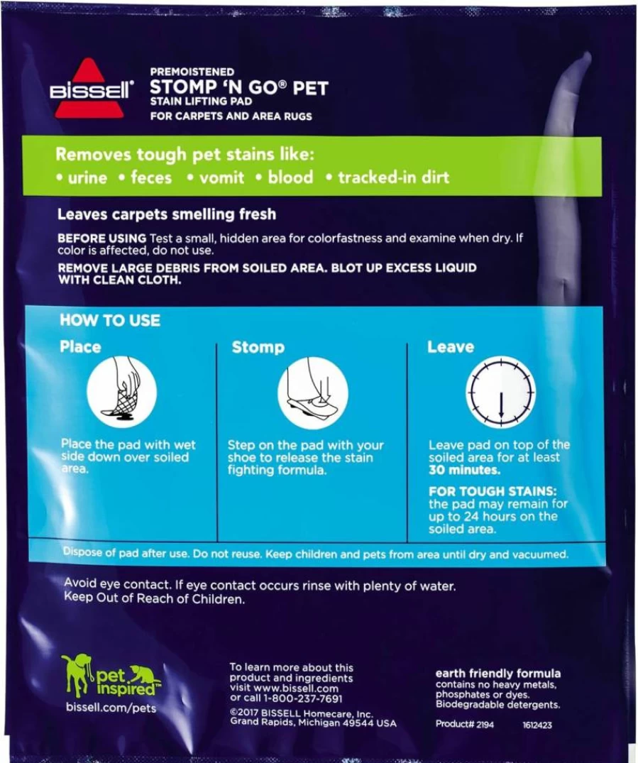Bissell Stomp 'N Go Pet Stain Remover Pads with Oxy for Carpet & Rug Cleaning, 20 Count - Lifting & Odor Eliminating Pads for Pets