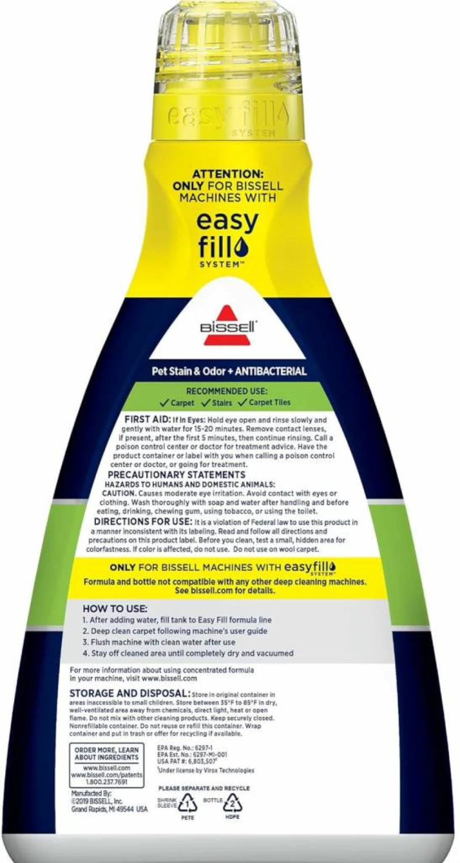 Bissell Pet Stain & Odor Remover Plus Antibacterial 2-in-1 Carpet Cleaner Formula for Dogs and Cats